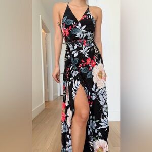 Yumi Kim Silky Flowy Floral Black Maxi Wrap Dress XS S